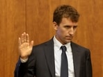 Patrick Clancy, the father of Cora, Dawson and Callan Clancy, is sworn in during Lindsay Clancy's murder trial Plymouth Superior Court, in Plymouth, Massachusetts on July 29.