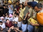 Protest at PU V-C's office after a PhD scholar dies of electrocution. (Keshav Singh/HT)