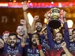 RCB team celebrates their IPL 2026 win in Ahmedabad.(PTI)