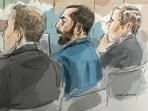 In this courtroom sketch, Hadi Matar, center, sits in federal court during his terrorism trial for his alleged attack on Salman Rushdie, Wednesday, July 22, 2026, in Buffalo, N.Y. (Alexandra Newbould via AP)