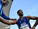 Second-placed India's Sreeshankar celebrates after competing in the men's long jump final during the athletics event at the Scotstoun Stadium in Glasgow, on day six of the Commonwealth Games in Glasgow, Scotland, on July 29. (AFP)
