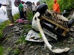 The mangled remains of the car after mishap in Chamba on Tuesday. (HT Photo)
