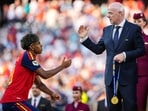 FIFA President Gianni Infantino congratulates Lamine Yamal after defeating Argentina in the FIFA World Cup 2026 Final at New York New Jersey Stadium on July 19