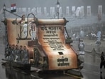 A view of the Ministry of Culture tableau during the Republic Day parade 2026 full dress rehearsal amid rainfall, at Kartavya Path