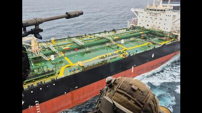A French army NH90 helicopter flies over the oil tanker Tagor, which is under international sanctions and was travelling from Russia in the Atlantic Sea, on May 31, 2026. (AP) A French army NH90 helicopter flies over the oil tanker Tagor, which is under international sanctions and was travelling from Russia in the Atlantic Sea, on May 31, 2026. (AP)