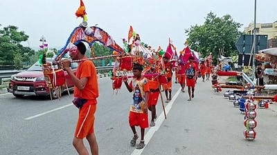 Devotees carry Ganga water during Kanwar Yatra ahead of the holy month of Sawan, in Haridwar on Tuesday. (Image for representation) (ANI Video Grab) Devotees carry Ganga water during Kanwar Yatra ahead of the holy month of Sawan, in Haridwar on Tuesday. (Image for representation) (ANI Video Grab)