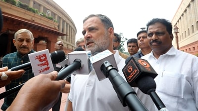Lok Sabha LoP Rahul Gandhi speaks to the media at the Parliament premises during the ongoing Monsoon Session. (PTI Photo) Lok Sabha LoP Rahul Gandhi speaks to the media at the Parliament premises during the ongoing Monsoon Session. (PTI Photo)