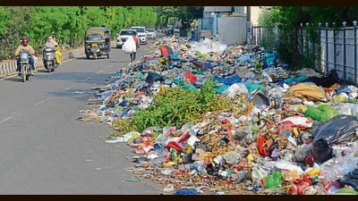 Garbage dumped on the roadside in Dugri area in Ludhiana on Wednesday. (HT PHOTO)