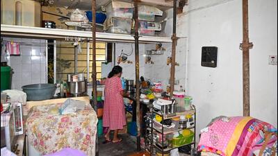 Lillianette D’Souza fears that the ceiling of her one-room apartment in Bhoiwada village may collapse any time, despite the installation of a dozen iron props a few weeks ago (Raju Shinde/HT Photo) Lillianette D’Souza fears that the ceiling of her one-room apartment in Bhoiwada village may collapse any time, despite the installation of a dozen iron props a few weeks ago (Raju Shinde/HT Photo)