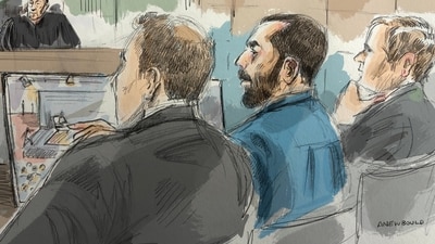 In this courtroom sketch, Hadi Matar, center, sits in federal court during his terrorism trial for his alleged attack on Salman Rushdie, Wednesday, July 22, 2026, in Buffalo, N.Y. (Alexandra Newbould via AP) (AP)