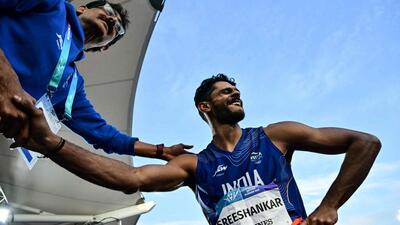 Second-placed India's Sreeshankar celebrates after competing in the men's long jump final during the athletics event at the Scotstoun Stadium in Glasgow, on day six of the Commonwealth Games in Glasgow, Scotland, on July 29. (AFP) Second-placed India's Sreeshankar celebrates after competing in the men's long jump final during the athletics event at the Scotstoun Stadium in Glasgow, on day six of the Commonwealth Games in Glasgow, Scotland, on July 29. (AFP)