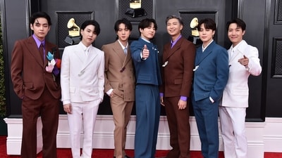Korean group BTS appears at the 64th Annual Grammy Awards in Las Vegas on April 3, 2022. ((Photo by Jordan Strauss/Invision/AP, File))