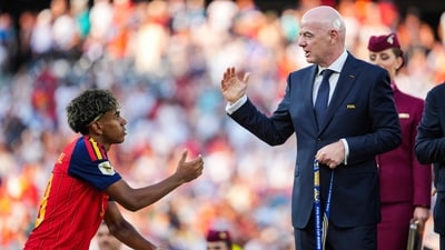 FIFA President Gianni Infantino congratulates Lamine Yamal after defeating Argentina in the FIFA World Cup 2026 Final at New York New Jersey Stadium on July 19 (Getty Images via AFP)