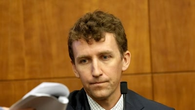 Patrick Clancy on the stand. The Lindsay Clancy murder trial is held at Plymouth Superior Court in Plymouth on July 29. (David L. Ryan/Pool The Boston Gl)
