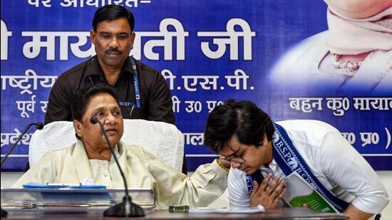 Bahujan Samaj Party chief Mayawati with her nephew Akash Anand in Lucknow. (ANI)