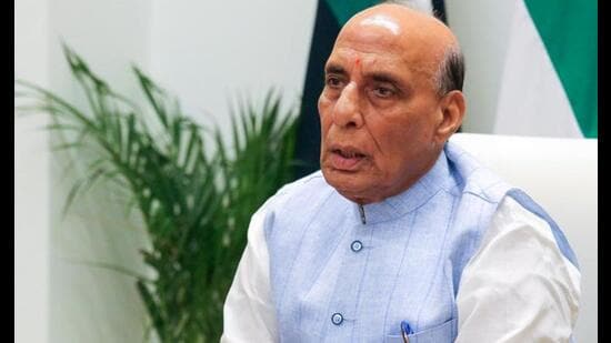 Defence minister Rajnath Singh virtually inaugurates the department of military medicine at Command Hospital (Central Command) in Lucknow, in New Delhi on Wednesday. (@SpokespersonMoD X/ANI Photo)