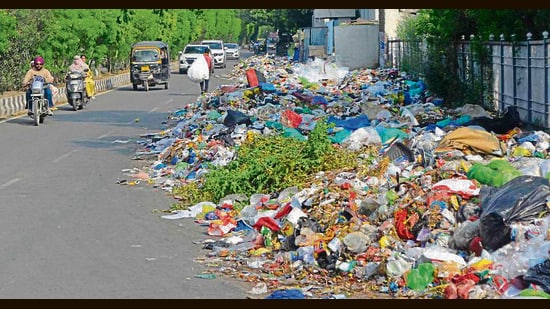 Garbage dumped on the roadside in Dugri area in Ludhiana on Wednesday. (HT PHOTO)