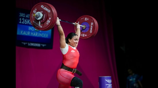 India's Harjinder Kaur competes during the Women's 69kg weightlifting event at the Commonwealth Games 2026, in Glasgow, Scotland, Tuesday. (PTI)