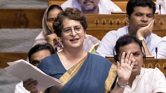 Congress MP Priyanka Gandhi Vadra speaks during the Lok Sabha debate on the Public Examinations (Prevention of Unfair Means) Amendment Bill, 2026. (Sansad TV)