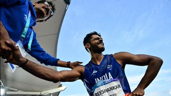 Second-placed India's Sreeshankar celebrates after competing in the men's long jump final during the athletics event at the Scotstoun Stadium in Glasgow, on day six of the Commonwealth Games in Glasgow, Scotland, on July 29. (AFP)