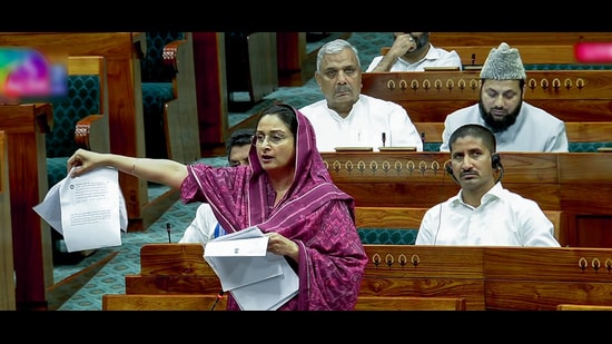 Shiromani Akali Dal MP Harsimrat Kaur Badal speaks in Lok Sabha during the Monsoon Session of Parliament, in New Delhi on Tuesday. (Sansad TV)