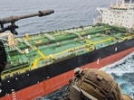 A French army NH90 helicopter flies over the oil tanker Tagor, which is under international sanctions and was travelling from Russia in the Atlantic Sea, on May 31, 2026. (AP)