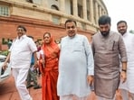 Union Minister Nitin Gadkari leaves after attending the National Democratic Alliance (NDA) Parliamentary Party Meeting.