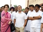 Lok Sabha LoP Rahul Gandhi, Congress MPs Priyanka Gandhi, KC Venugopal, and Deepender Singh Hooda, and other MPs at the Parliament premises during the ongoing Monsoon Session, in New Delhi on Wednesday.