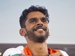 India's Murali Sreeshankar celebrates after winning a silver medal in the men's long jump final. (PTI)