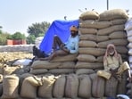 Labourers rest on sacks of wheat at Bhagtanwala Grain market, Amritsar. (HT File)