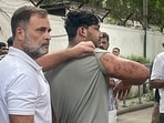 Leader of Opposition in the Lok Sabha Rahul Gandhi along with a victim of alleged pellet gun firing during a students protest march carried out by Cockroach Janata Party (CJP) on 20th July, interacts with media, in New Delhi.