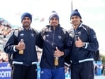From left, India's Yash Vir Singh, Rohit Yadav and Neeraj Chopra pose for photgraphs at Commonwealth Games 2026, in Glasgow, Scotland