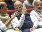 Prime Minister Narendra Modi with Union home Minister Amit Shah and defence minister Rajnath Singh at the GMC Balayogi Auditorium in New Delhi on Tuesday. (ANI FILE)