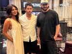 Priyanka Chopra, Nick Jonas pose with Mahesh Babu after movie night in Hyderabad.