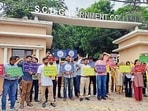 The protesters outside SCD Government College in Ludhiana on Thursday. (HT Photo)