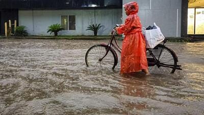 A cyclist wades through a waterlogged road during heavy monsoon rain in Bastar district of Chhattisgarh on Wednesday. (PTI) A cyclist wades through a waterlogged road during heavy monsoon rain in Bastar district of Chhattisgarh on Wednesday. (PTI)