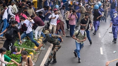 Security personnel carry out a lathi charge during the CJP protest march near the Parliament in New Delhi, India, on Monday, July 20, 2026. (RAJ K RAJ / Hindustan Times) Security personnel carry out a lathi charge during the CJP protest march near the Parliament in New Delhi, India, on Monday, July 20, 2026. (RAJ K RAJ / Hindustan Times)