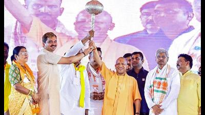 Chief minister Yogi Adityanath holds a mace during the inauguration and foundation stone laying of 268 public welfare projects worth ₹692 crore, in Ghazipur on Thursday. ((@myogiadityanath X/ANI Photo)) Chief minister Yogi Adityanath holds a mace during the inauguration and foundation stone laying of 268 public welfare projects worth ₹692 crore, in Ghazipur on Thursday. ((@myogiadityanath X/ANI Photo))