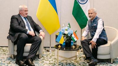 External affairs minister S. Jaishankar during a meeting with Ukraine foreign minister Andrii Sybiha on the sidelines of the Gymnich Forum, in Brussels, Belgium in May this year (@DrSJaishankar/File)