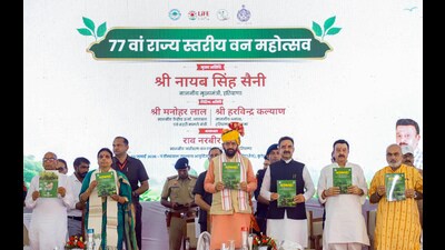 Haryana chief minister Nayab Singh Saini during the 77th State-Level Forest Festival, in Karnal on Thursday. (ANI) Haryana chief minister Nayab Singh Saini during the 77th State-Level Forest Festival, in Karnal on Thursday. (ANI)