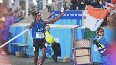India’s para-athlete Dilip Mahadu Gavit celebrates after winning the gold medal in men's 100m T47 final with a record time of 10.71 seconds at the Commonwealth Games in Glasgow. (PTI) India’s para-athlete Dilip Mahadu Gavit celebrates after winning the gold medal in men's 100m T47 final with a record time of 10.71 seconds at the Commonwealth Games in Glasgow. (PTI)