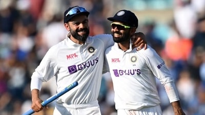 Virat Kohli and Ajinkya Rahane for India in a Test match. Virat Kohli and Ajinkya Rahane for India in a Test match.