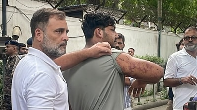 Leader of Opposition in the Lok Sabha Rahul Gandhi along with a victim of alleged pellet gun firing during a students protest march carried out by Cockroach Janata Party (CJP) on 20th July, interacts with media, in New Delhi. Leader of Opposition in the Lok Sabha Rahul Gandhi along with a victim of alleged pellet gun firing during a students protest march carried out by Cockroach Janata Party (CJP) on 20th July, interacts with media, in New Delhi.