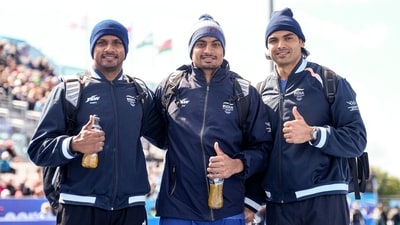 From left, India's Yash Vir Singh, Rohit Yadav and Neeraj Chopra pose for photgraphs at Commonwealth Games 2026, in Glasgow, Scotland (PTI) From left, India's Yash Vir Singh, Rohit Yadav and Neeraj Chopra pose for photgraphs at Commonwealth Games 2026, in Glasgow, Scotland (PTI)