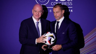 FIFA president Gianni Infantino and UEFA president Aleksander Ceferin during the UEFA Congress (REUTERS)
