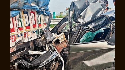 Two brothers, both crusher operators from Narnaul, and their driver were killed after their car rammed into a moving truck on the NH-152D near Rohtak early on Thursday morning. (Manoj Dhaka/HT)