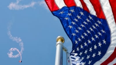 Members of the US Army parachute team 'Golden Knights' perform above a US flag during the 'Salute to America' Independence Day celebration on the National Mall in Washington, DC, on July 4, 2026. (AFP) Members of the US Army parachute team 'Golden Knights' perform above a US flag during the 'Salute to America' Independence Day celebration on the National Mall in Washington, DC, on July 4, 2026. (AFP)