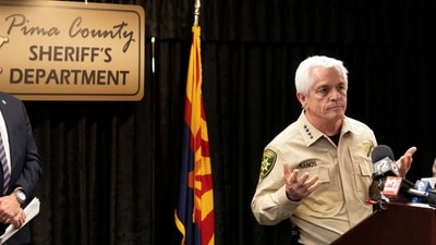 Pima County Sheriff Chris Nanos gestures during a press conference after the disappearance of Nancy Guthrie. (REUTERS)