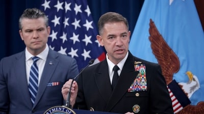 Defense Secretary Pete Hegseth with Adm. Brad Cooper at a Pentagon press briefing in April. Defense Secretary Pete Hegseth with Adm. Brad Cooper at a Pentagon press briefing in April.