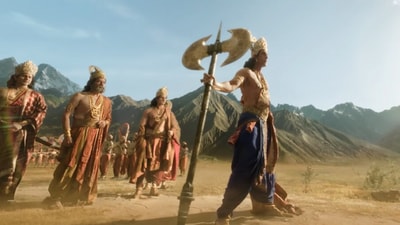Ranbir Kapoor in a still from the Ramayana trailer. Ranbir Kapoor in a still from the Ramayana trailer.